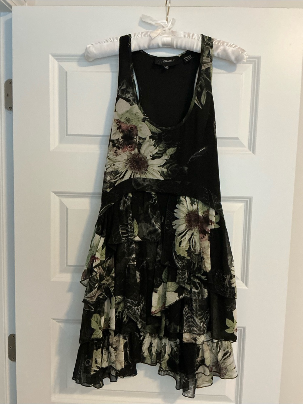 Miss Me Black Floral Tiered Ruffle Mini Dress with Cream and Green Accents